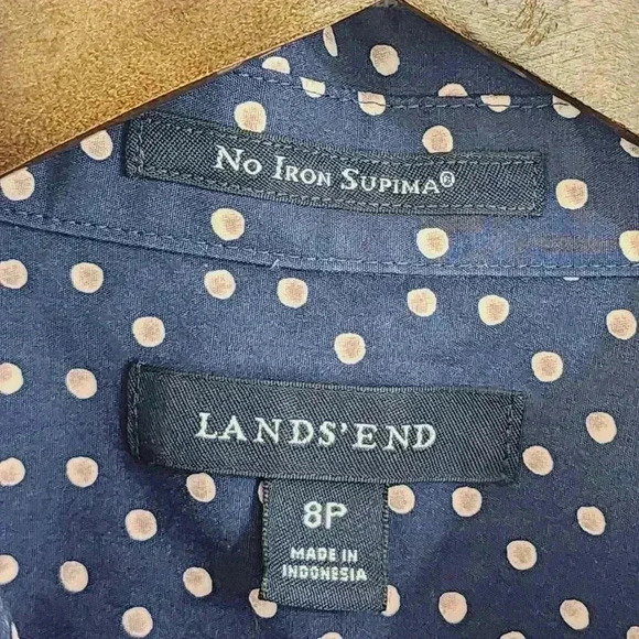 Lands' End Women's Button Up Shirt Polka Dot Size 8P Navy Pink - Picture 5 of 7
